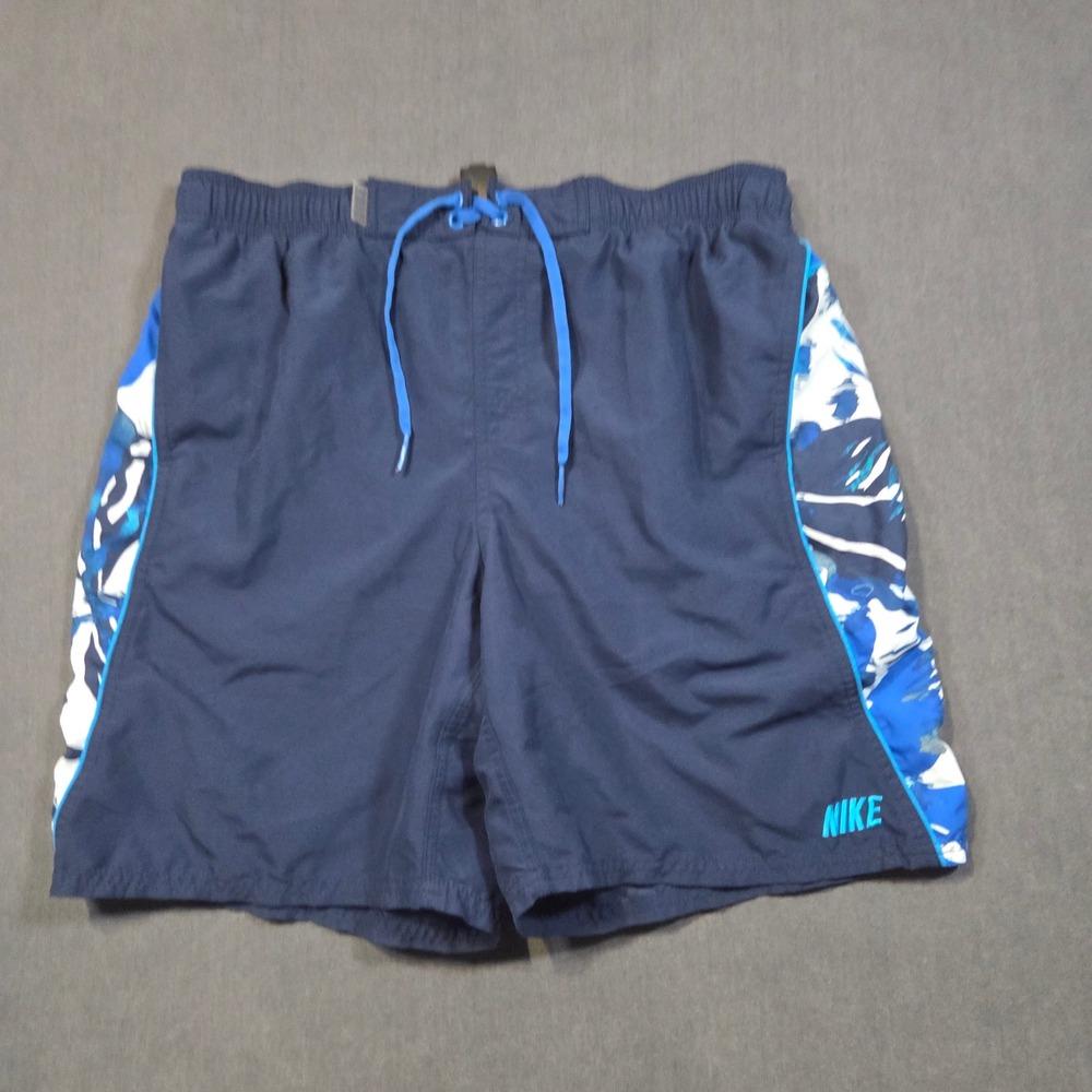 Nike Swim Trunks Mens Large Blue Graphic Side Stripe Mesh Lined Board Shorts